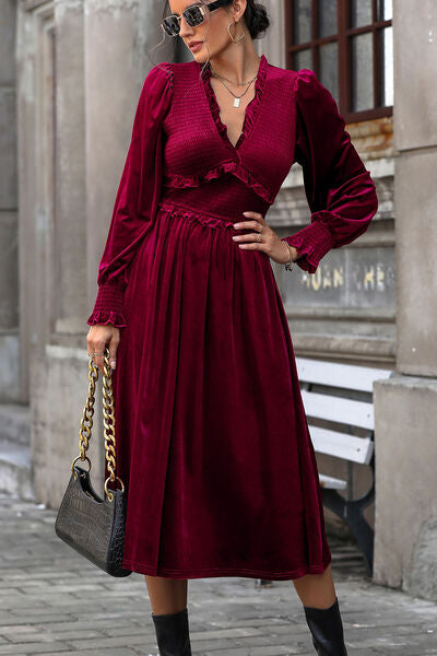 Smocked Lantern Sleeve Midi Dress Smocked Lantern Sleeve Midi Dress