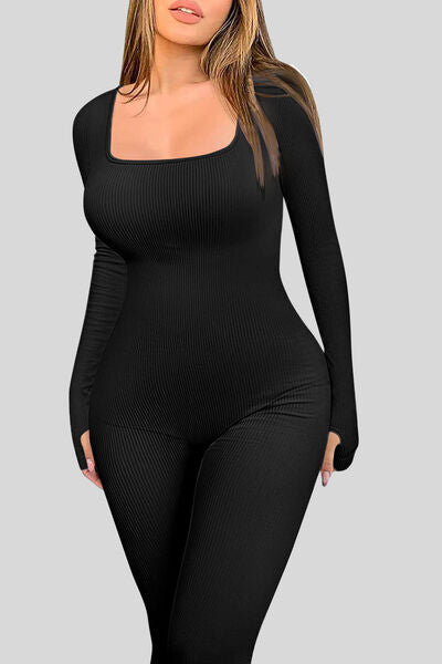 Square Neck Long Sleeve Active Jumpsuit - RoseGold Apparel