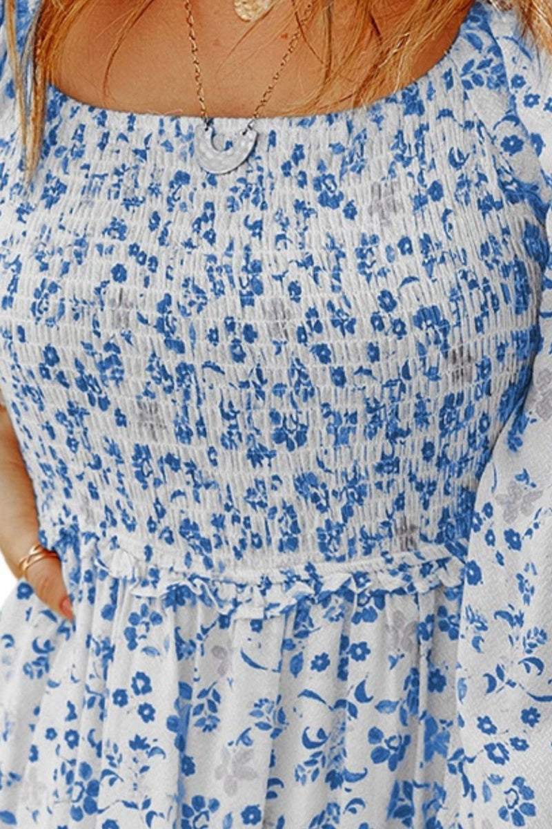 Smocked Floral Square Neck Balloon Sleeve Dress