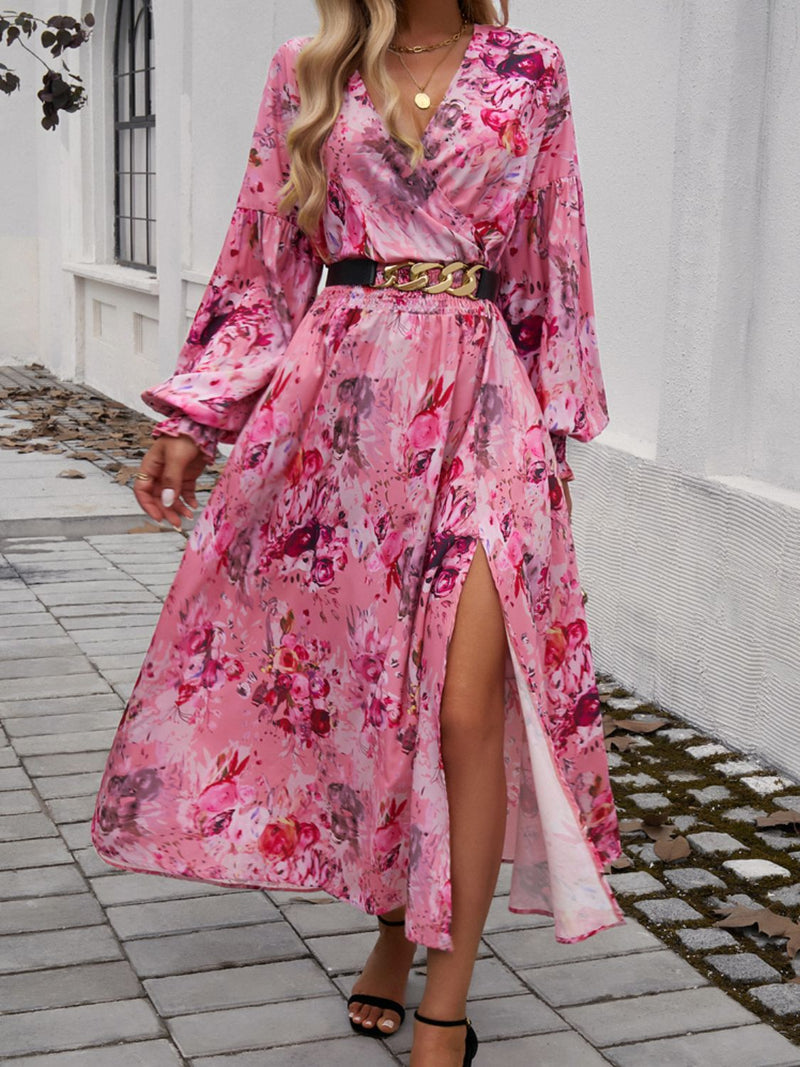 Devine Split Printed Surplice Long Sleeve Midi Dress | RoseGold Apparel Devine Split Printed Surplice Long Sleeve Midi Dress | RoseGold Apparel