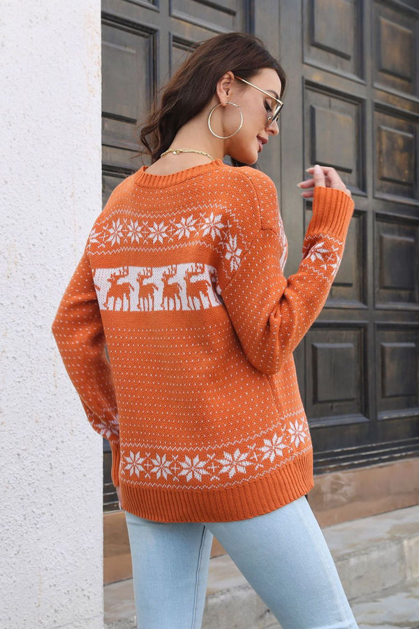 Reindeer & Snowflake Pattern Dropped Shoulder Pullover Sweater