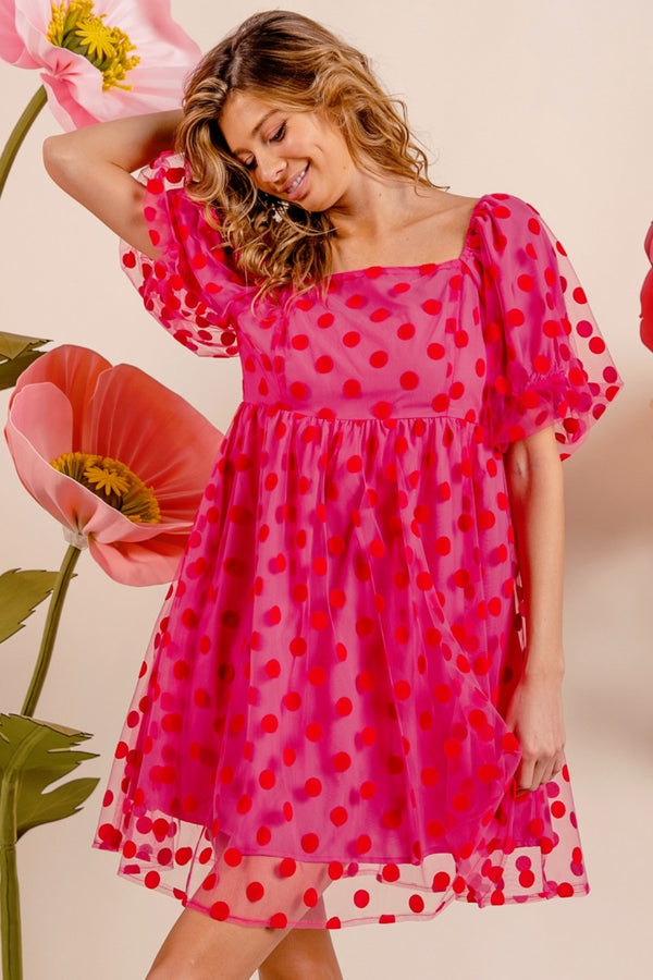 Polka Dot Mesh Puff Sleeve Dress