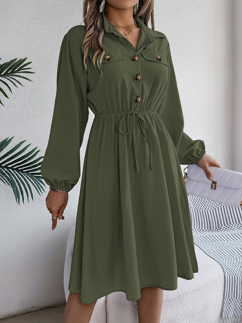 Collared Neck Long Sleeve Dress with Pockets