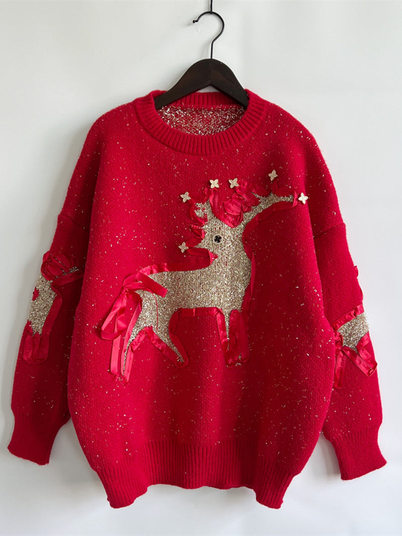 Reindeer Round Neck Long Sleeve Sweater