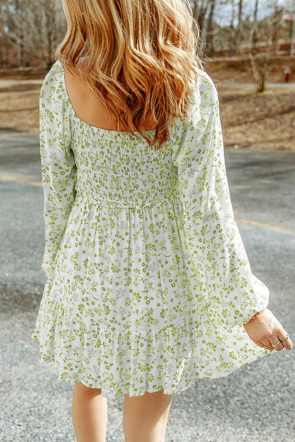 Smocked Floral Square Neck Balloon Sleeve Dress