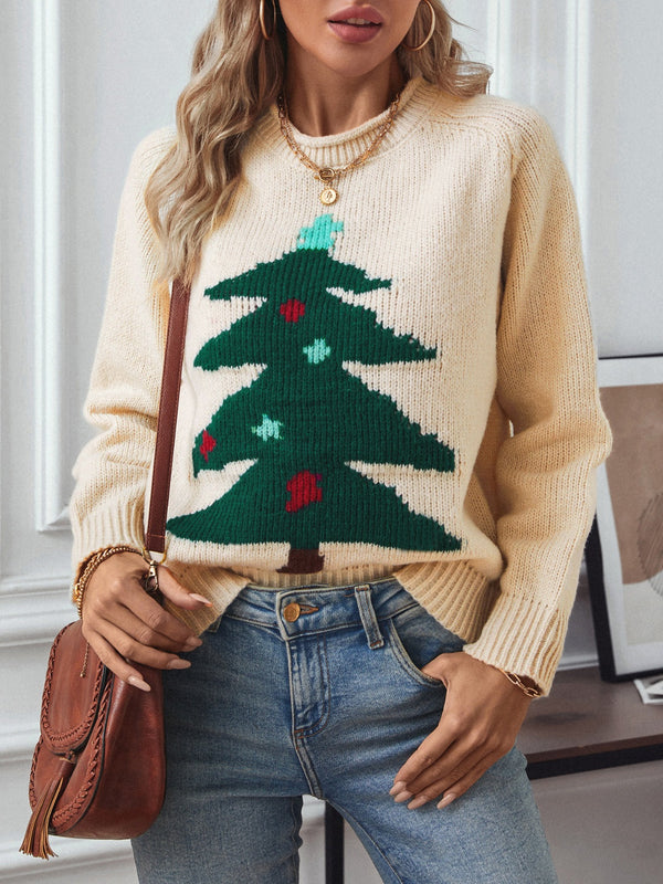 Christmas Tree Round Neck Raglan Sleeve Sweater