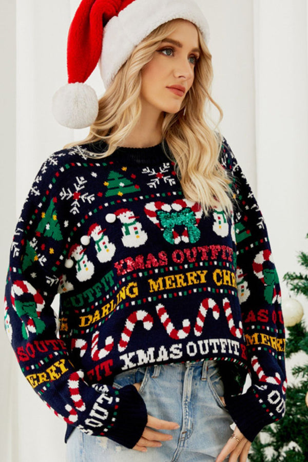 Christmas Print Crewneck Dropped Shoulder Sweater