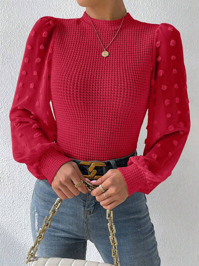 Swiss Dot Waffle-Knit Lantern Sleeve T-Shirt - RoseGold Apparel