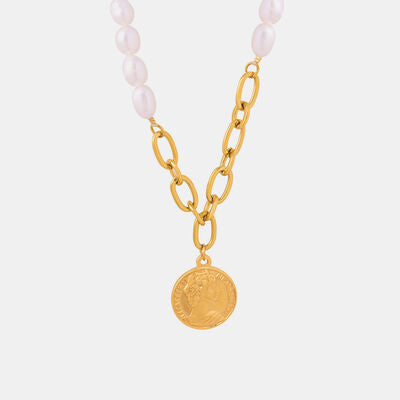 Coin pendant Pearl Titanium Steel Necklace - RoseGold Apparel