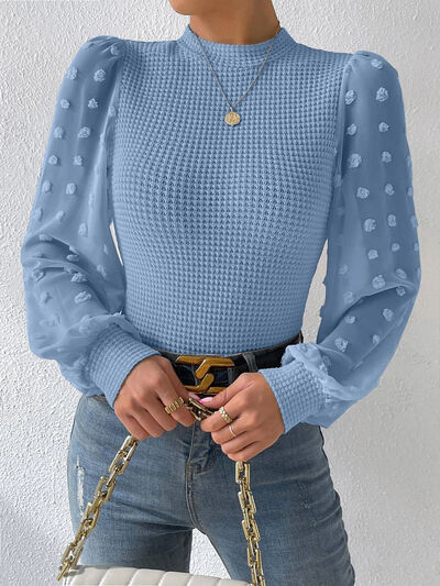 Swiss Dot Waffle-Knit Lantern Sleeve T-Shirt - RoseGold Apparel