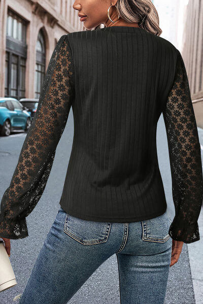 Lace Mesh Flounce Sleeve Ribbed Blouse - RoseGold Apparel