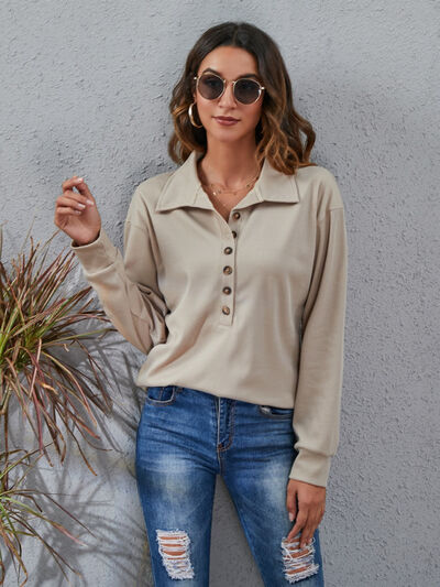 Half Button Dropped Shoulder Blouse - RoseGold Apparel