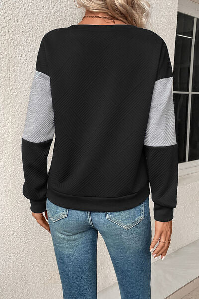 Textured Color Block Round Neck Sweatshirt - RoseGold Apparel