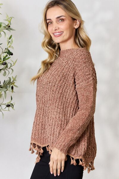 BiBi Tassel Trim Long Sleeve Sweater - RoseGold Apparel