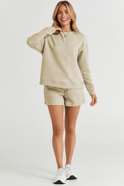 Double Take Full Size Texture Long Sleeve Top and Drawstring Shorts Set - RoseGold Apparel