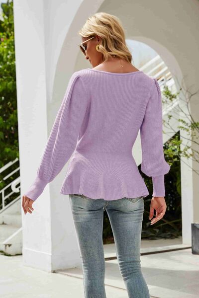（No）Ribbed Round Neck Lantern Sleeve Sweater - RoseGold Apparel