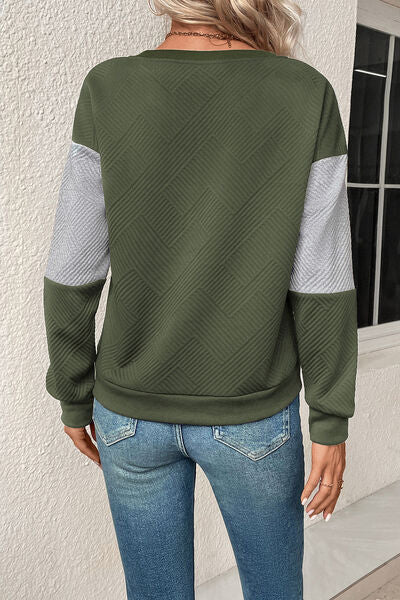 Textured Color Block Round Neck Sweatshirt - RoseGold Apparel